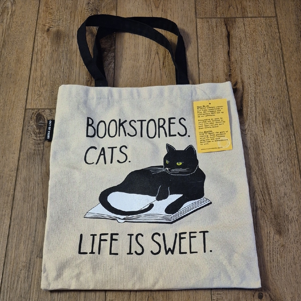 NWT Out of Print "Bookstores. Cats. Life is Sweet" Tote Bag, 100% cotton canvas